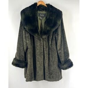 Vtg Terry Lewis Faux Fur Trim Coat Plus 1X Dark Olive Green Mob Wife Whimsigoth